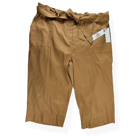 Calvin Klein  Linen Blend Tan Belted Paperbag Cropped Pants 3X - Picture 1 of 4